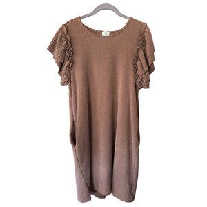 Blue Buttercup Brown Dress Waffle Knit Tiered Sleeve Pockets Large USA Stretch